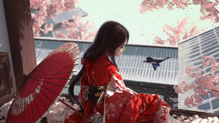 Anime girl in kimono with umbrella and bird