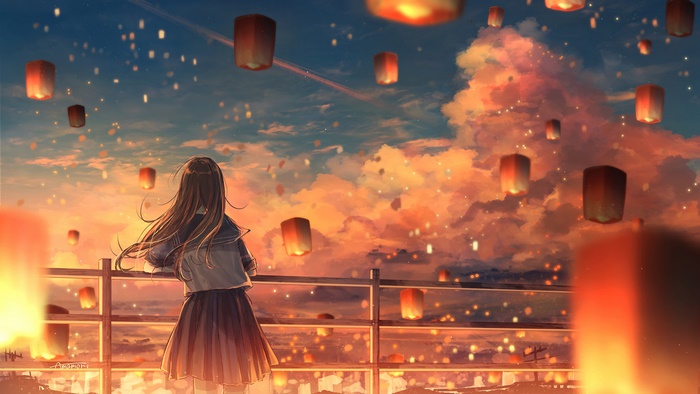 Anime Girl with Sky Lanterns at Sunset 4K