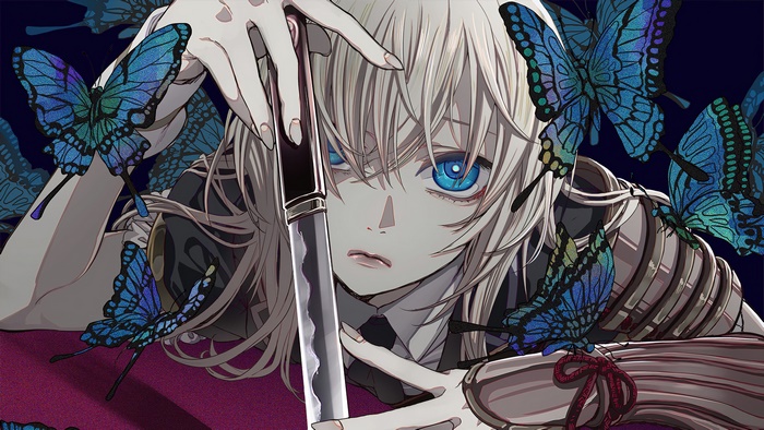 Anime girl with knife and butterflies 4K