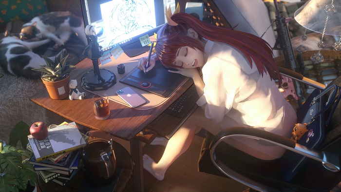 Anime Girl Sleeping While Drawing Next to Cats