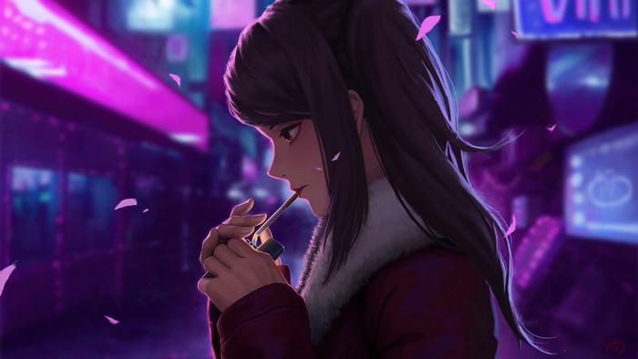 Anime Girl Smoking in Neon City