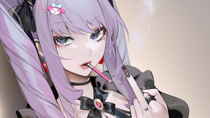Anime Girl with Purple Hair Smoking Art
