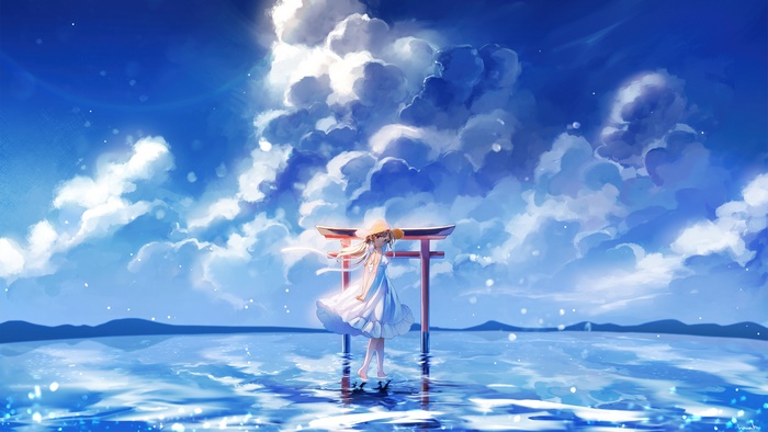 Anime girl in white dress by torii gate in ocean 4K