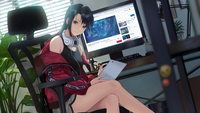 Anime girl with headphones using a computer and tablet