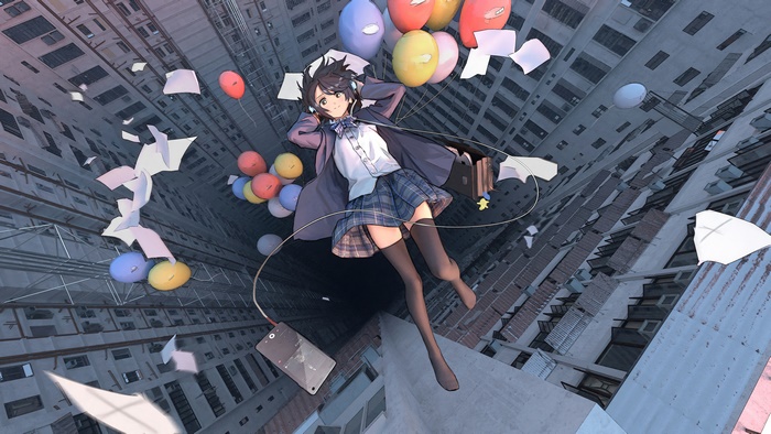 Anime girl falling with balloons and papers