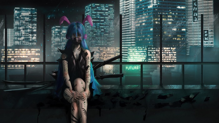 Anime girl with bunny ears and tattoos in a city at night