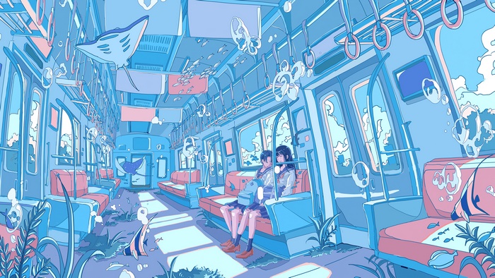 Anime Girls Sitting Inside a Train Cabin in 4K