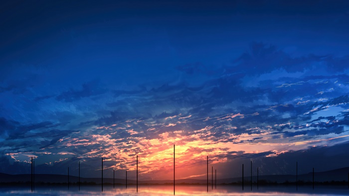 Anime sunset over water with poles