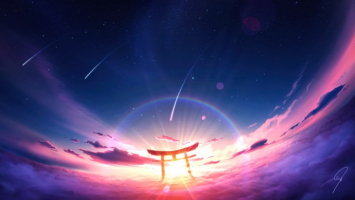 Anime Sky Sunset with Torii Gate and Clouds