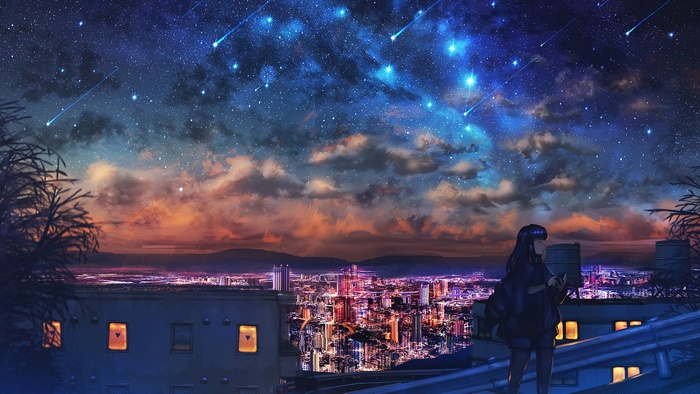 Anime girl watching starry night sky over city in 4K