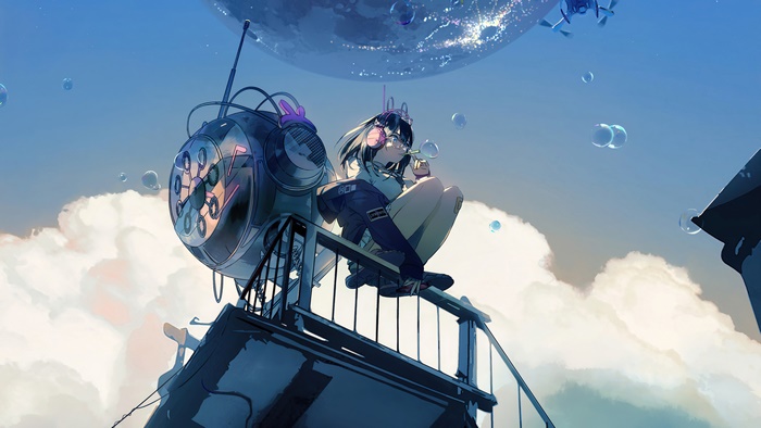 Anime girl with headphones blowing bubbles near a large moon