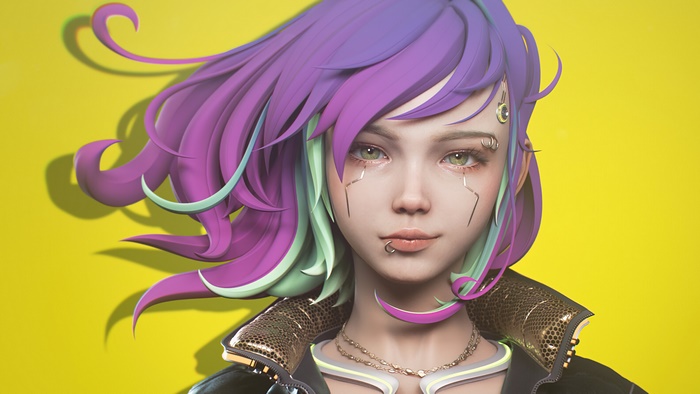 Cyberpunk girl with purple and green hair 4K