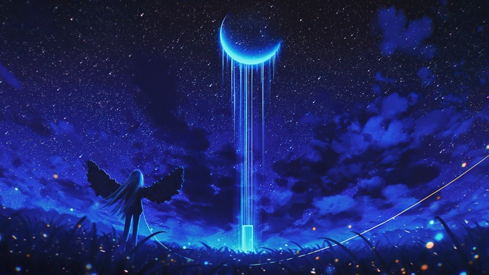 Starry Night with Crescent Moon and Angelic Figure