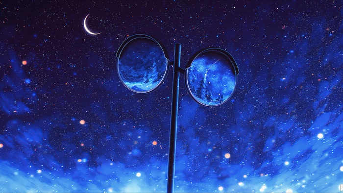 Anime starry night sky with crescent moon and mirrors