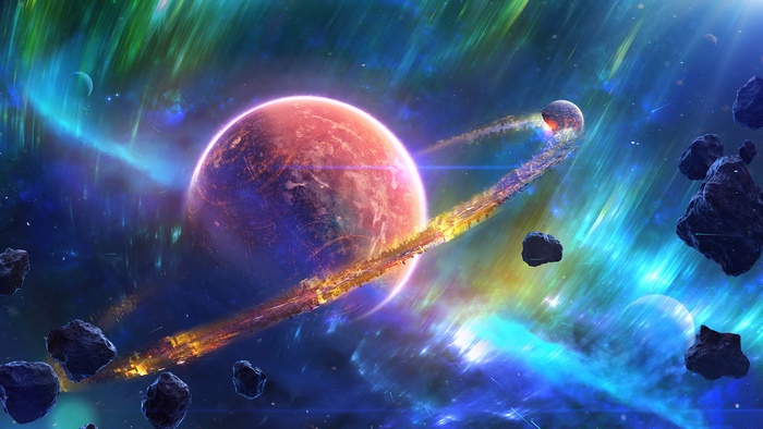 Planet with Ring and Asteroids in Nebula 4K