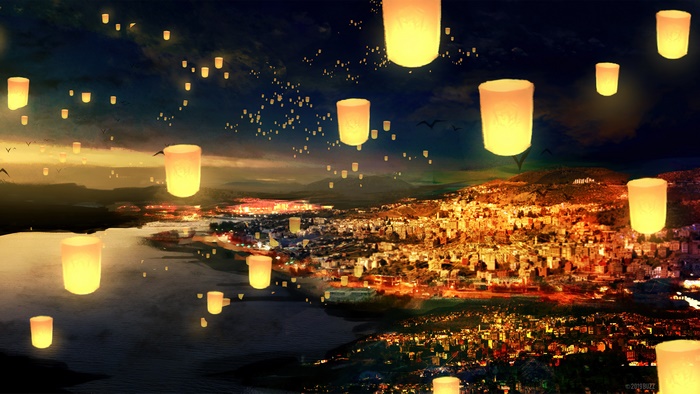Cityscape at Sunset with Sky Lanterns 4K