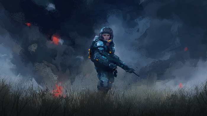 Sci-fi soldier with rifle in smoky field 4K