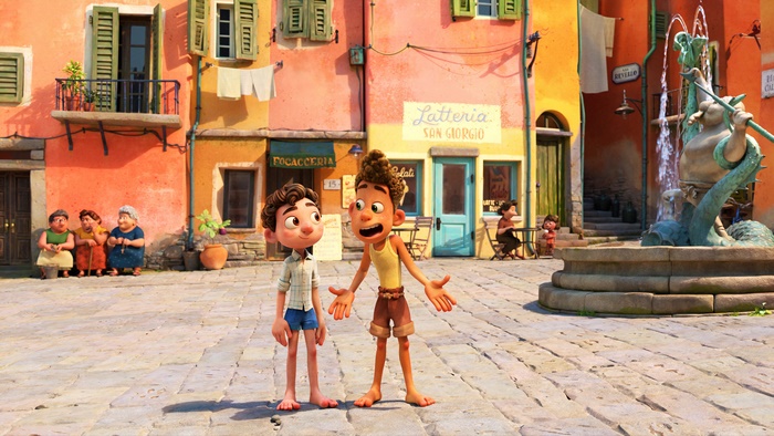 Luca and Alberto from Luca in a town square