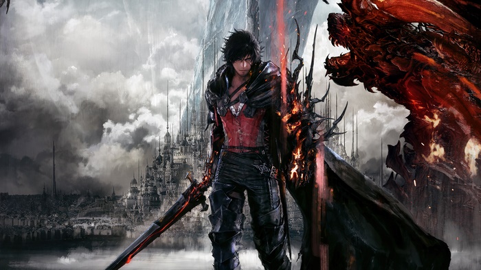Clive Rosfield from Final Fantasy 16 with a dragon and city