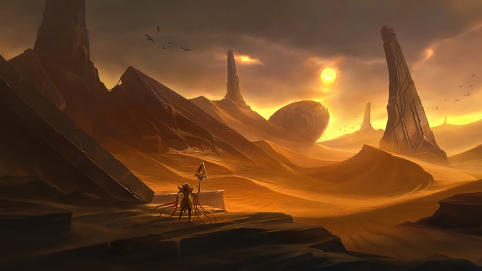 Desert landscape with ancient ruins and a lone figure, Legends of Runeterra 4K