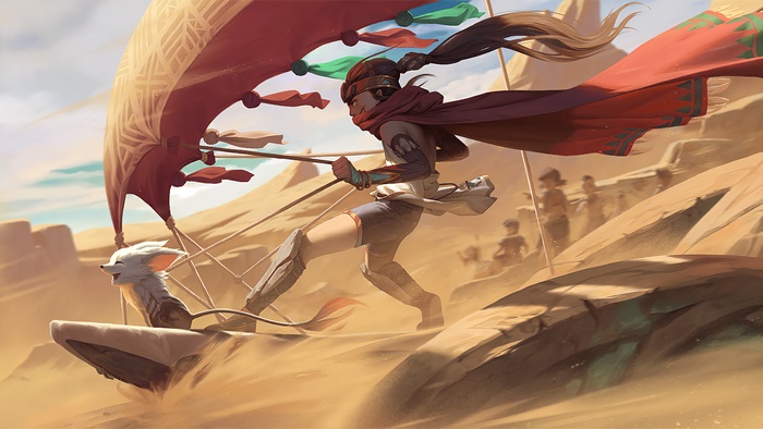 Girl and Rock Hopper from Legends of Runeterra in desert