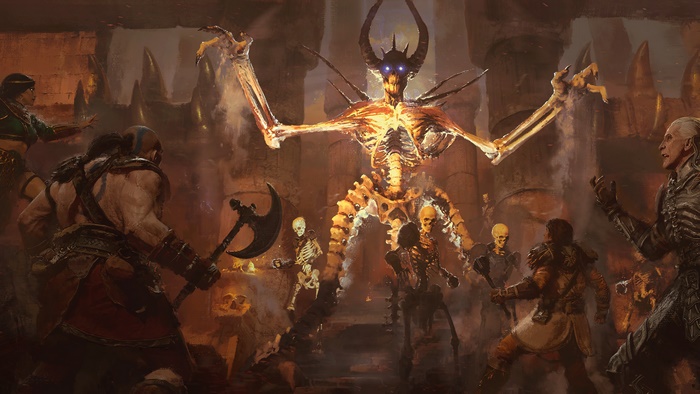 Diablo 2 Resurrected: Barbarian, Sorceress, and Necromancer fight a giant skeleton army