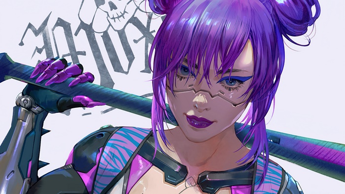 Girl with purple hair and cybernetic arm holding a weapon