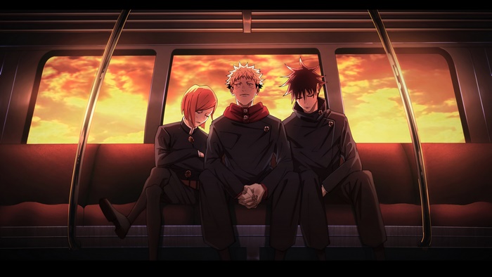 Jujutsu Kaisen Characters on a Train at Sunset