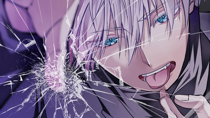 Satoru Gojo from Jujutsu Kaisen behind broken screen 4K