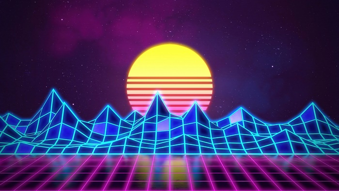 Retro Sunset Over Neon Grid Mountains