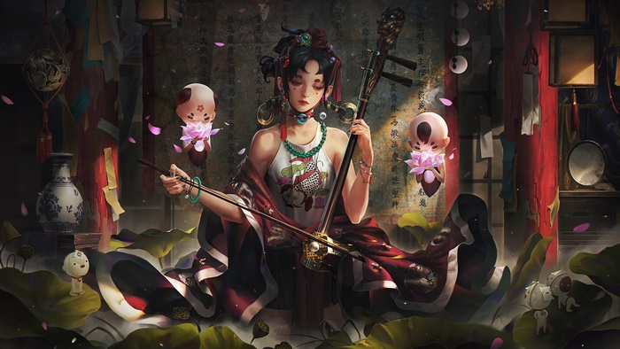 Fantasy girl playing oriental instrument 4K