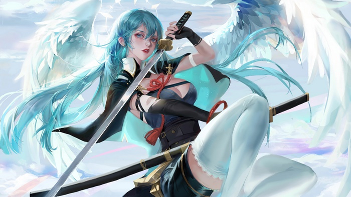 Anime angel girl with katana 4K