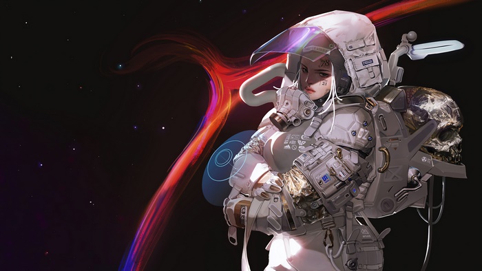 Astronaut girl with skull backpack in space 4K