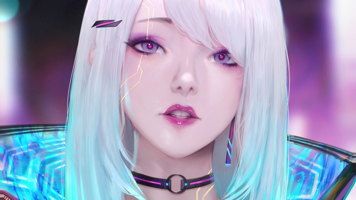 Cyberpunk anime girl with white hair and purple eyes 4K