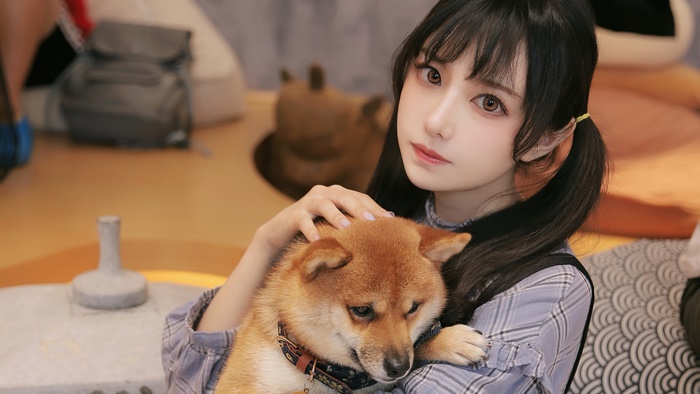 Asian girl with Shiba Inu dog 4K