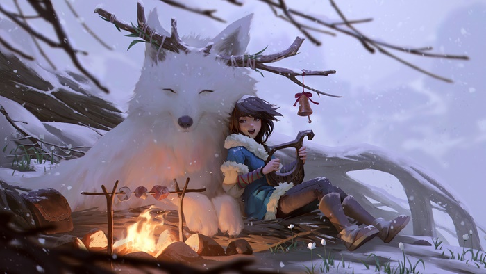 Girl playing lyre with a white wolf in winter