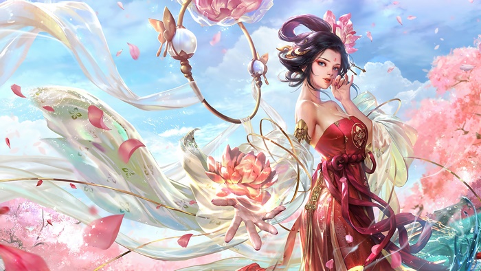 Fantasy girl with flowers and flowing fabric 4K