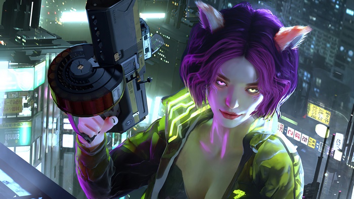 Cyberpunk girl with cat ears and gun in city 4K