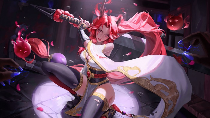Fantasy warrior girl with sword and spirits