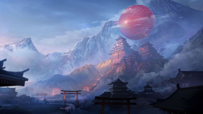 Japanese Castle in Majestic Mountain Scenery
