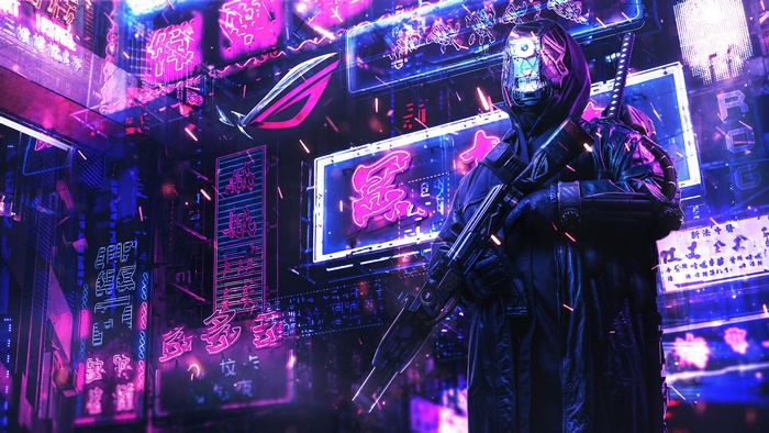 Cyberpunk ninja with Asus logo in neon city 4K
