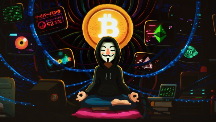 Anonymous Hacker Meditating with Bitcoin and Ethereum