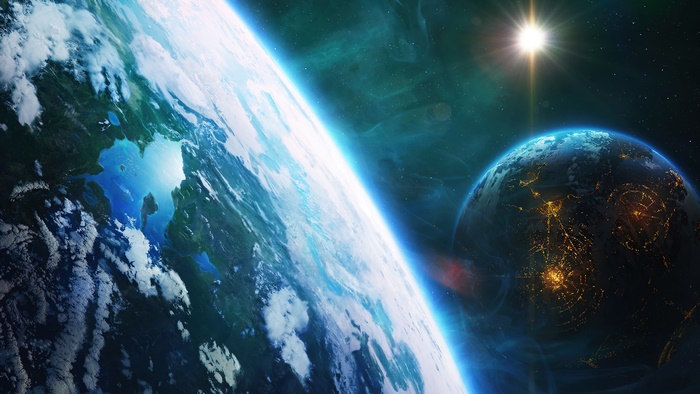 Planets in space with sun and nebula 4K
