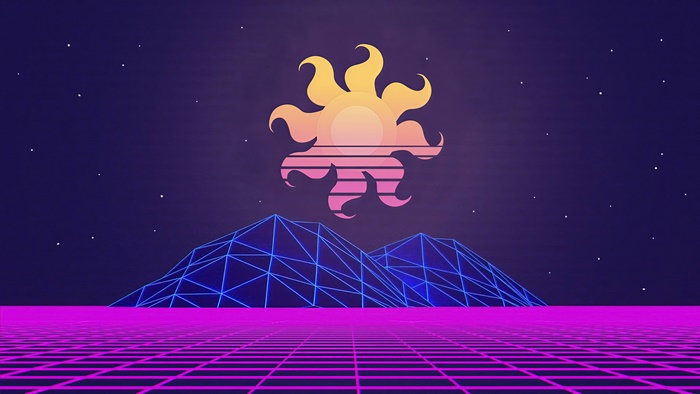 Retro Sun Over Wireframe Mountains 4K