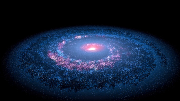 Spiral galaxy with glowing core in space