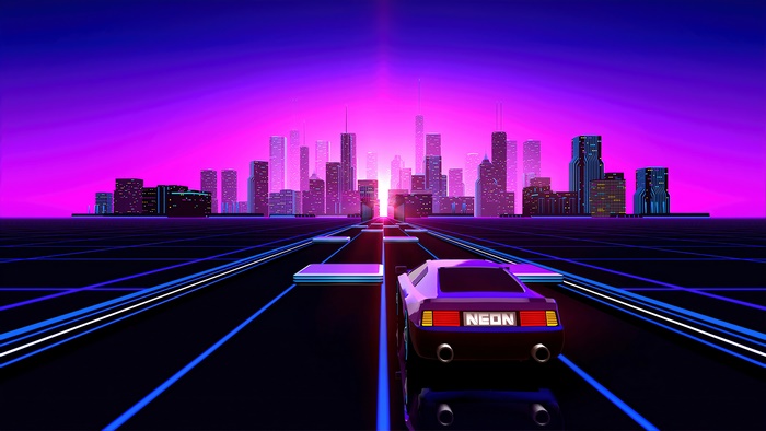 Retro car driving on neon grid towards synthwave city