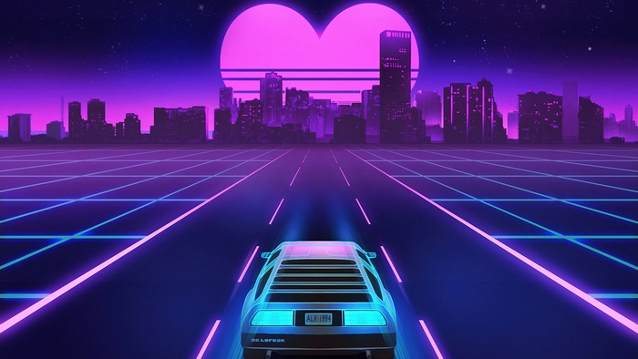 DeLorean driving towards a city with a heart-shaped sun