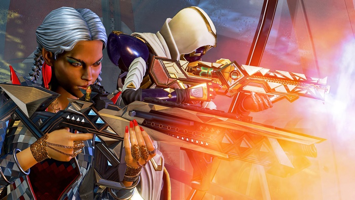 Loba and Revenant from Apex Legends firing weapons