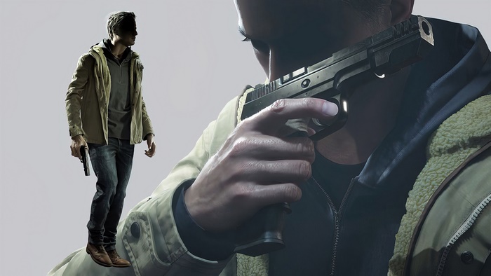 Ethan Winters from Resident Evil Village holding a gun