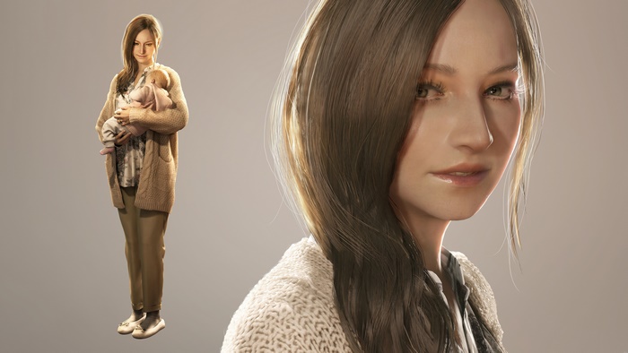 Mia Winters from Resident Evil Village holding a baby